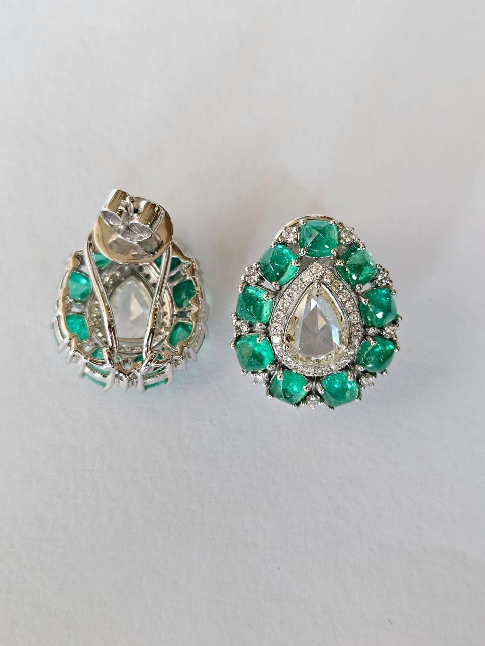Set in 18K Gold, Colombian Emerald Sugarloafs & Rose Cut Diamonds Stud Earrings For Sale 5