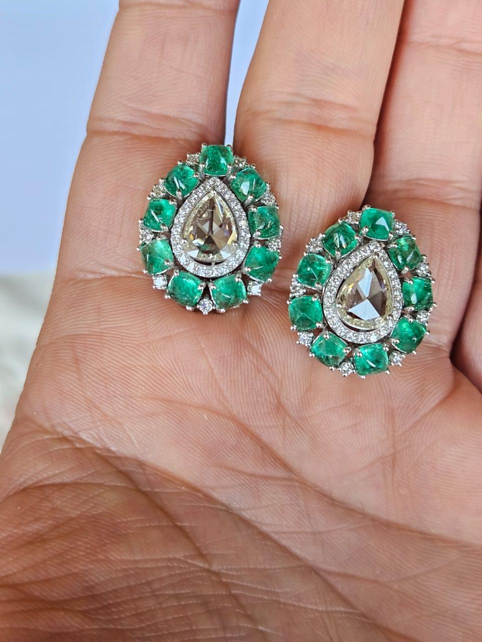 Set in 18K Gold, Colombian Emerald Sugarloafs & Rose Cut Diamonds Stud Earrings For Sale 6