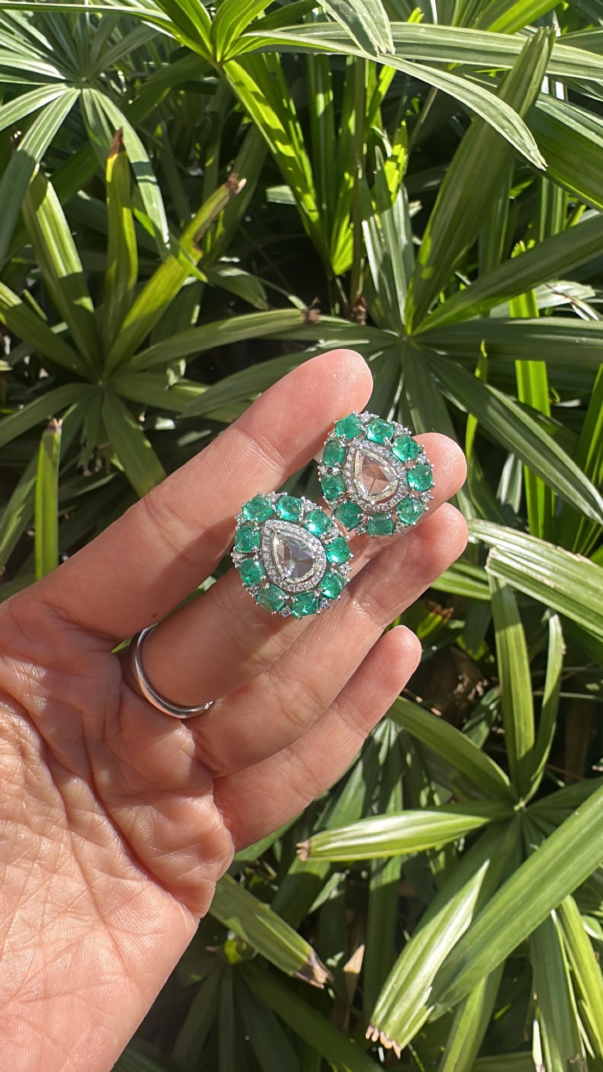 Sugarloaf Cabochon Set in 18K Gold, Colombian Emerald Sugarloafs & Rose Cut Diamonds Stud Earrings For Sale