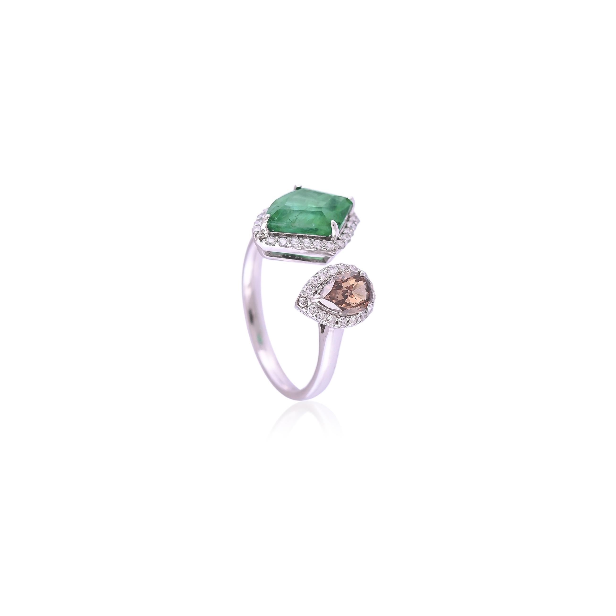 Modern Set in 18K Gold, Emerald & Brown Diamond Cocktail/ Engagement Ring