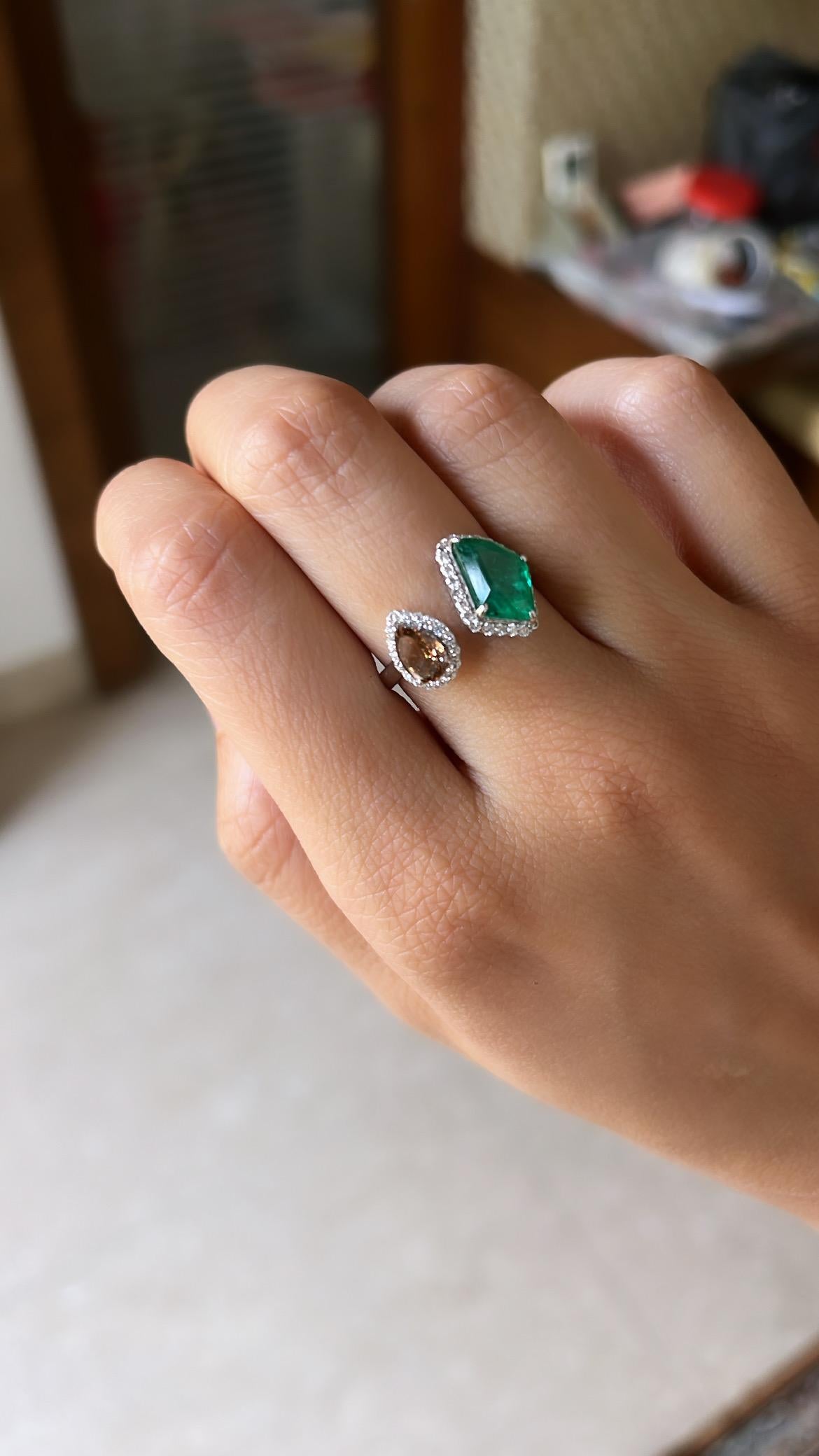 Pear Cut Set in 18K Gold, Emerald & Brown Diamond Cocktail/ Engagement Ring