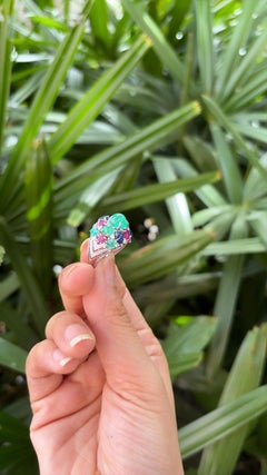 Set in 18K Gold, Emerald Cabochon, Blue Sapphires, Ruby & Diamonds Cocktail Ring