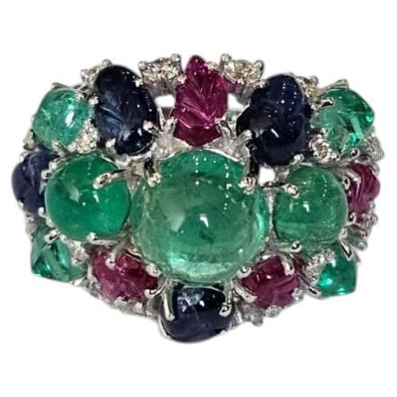 Set in 18K Gold, Emerald Cabochon, Blue Sapphires, Ruby & Diamonds Cocktail Ring