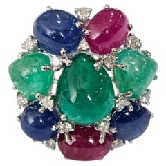 Set in 18K Gold, Emerald cabochon, Blue Sapphires, Ruby & Diamonds Cocktail Ring