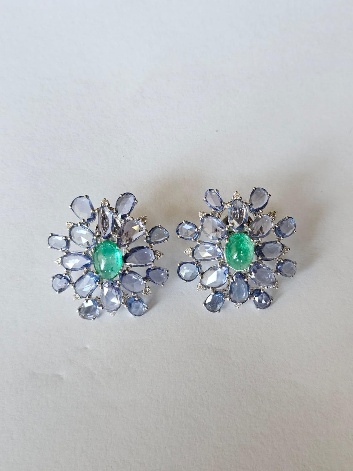 Set in 18K Gold, Emerald Cabochons, Blue Sapphires & Diamonds Stud Earrings For Sale 5