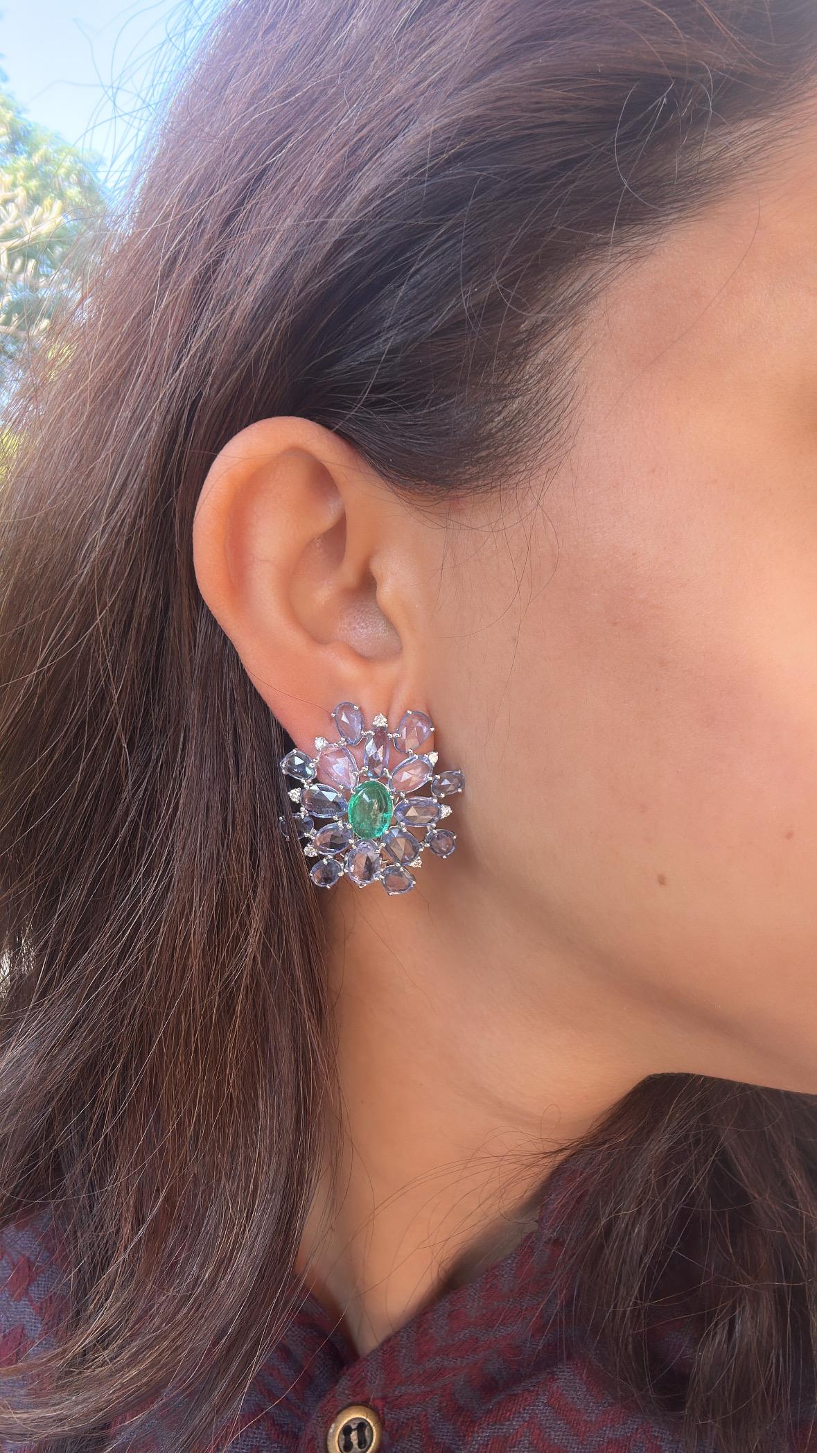 Set in 18K Gold, Emerald Cabochons, Blue Sapphires & Diamonds Stud Earrings For Sale 1