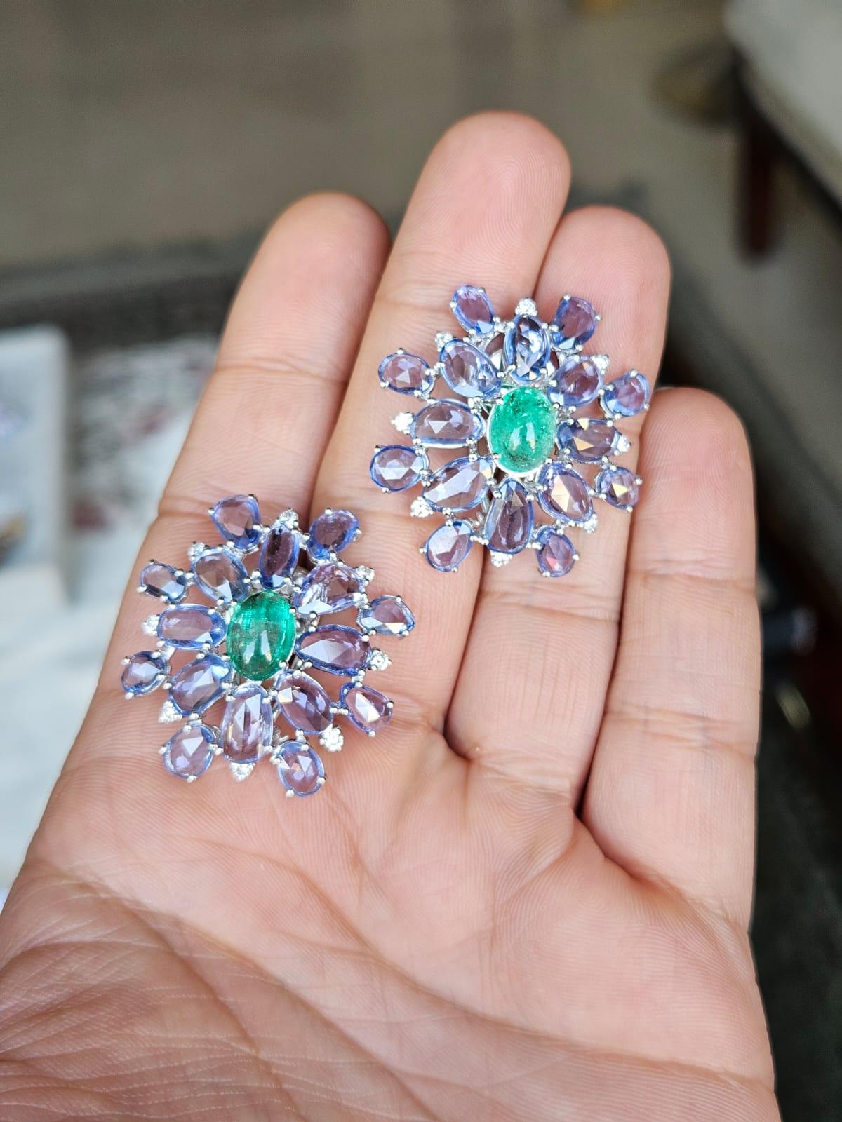 Set in 18K Gold, Emerald Cabochons, Blue Sapphires & Diamonds Stud Earrings For Sale 2