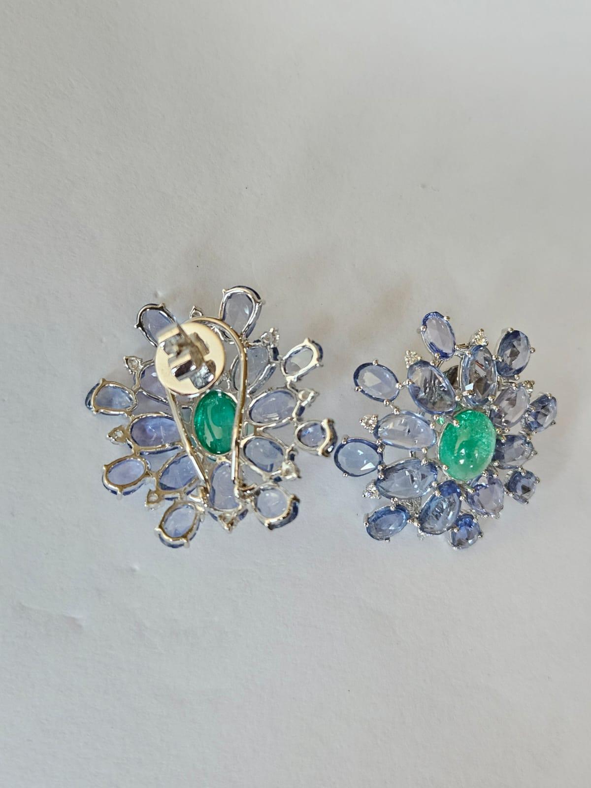 Set in 18K Gold, Emerald Cabochons, Blue Sapphires & Diamonds Stud Earrings For Sale 3