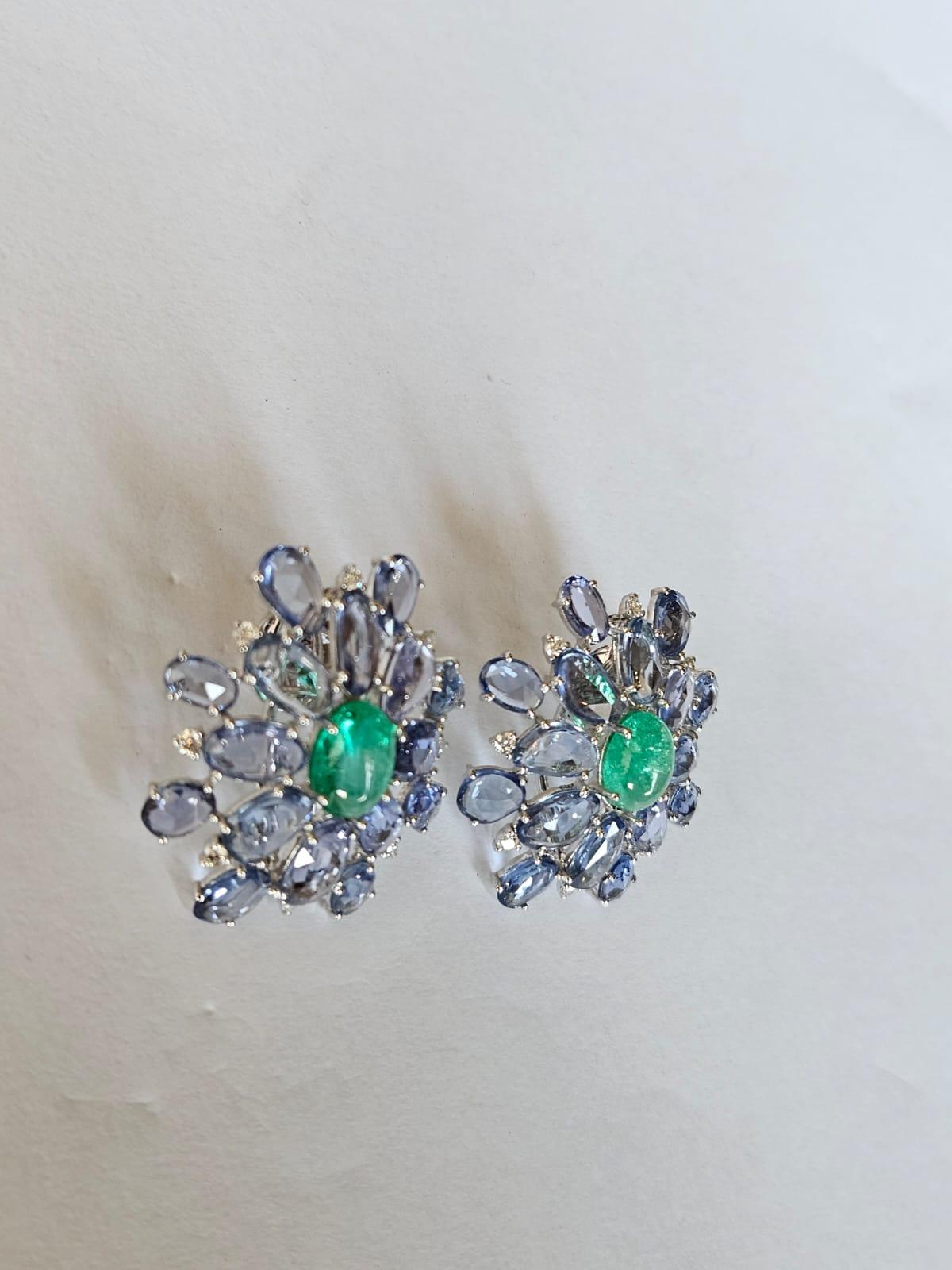 Set in 18K Gold, Emerald Cabochons, Blue Sapphires & Diamonds Stud Earrings For Sale 4