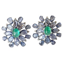 Set in 18K Gold, Emerald Cabochons, Blue Sapphires & Diamonds Stud Earrings