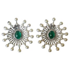 Set in 18K Gold, Emerald Cabochons, Freshwater Pearls 
Diamonds Stud Earrings