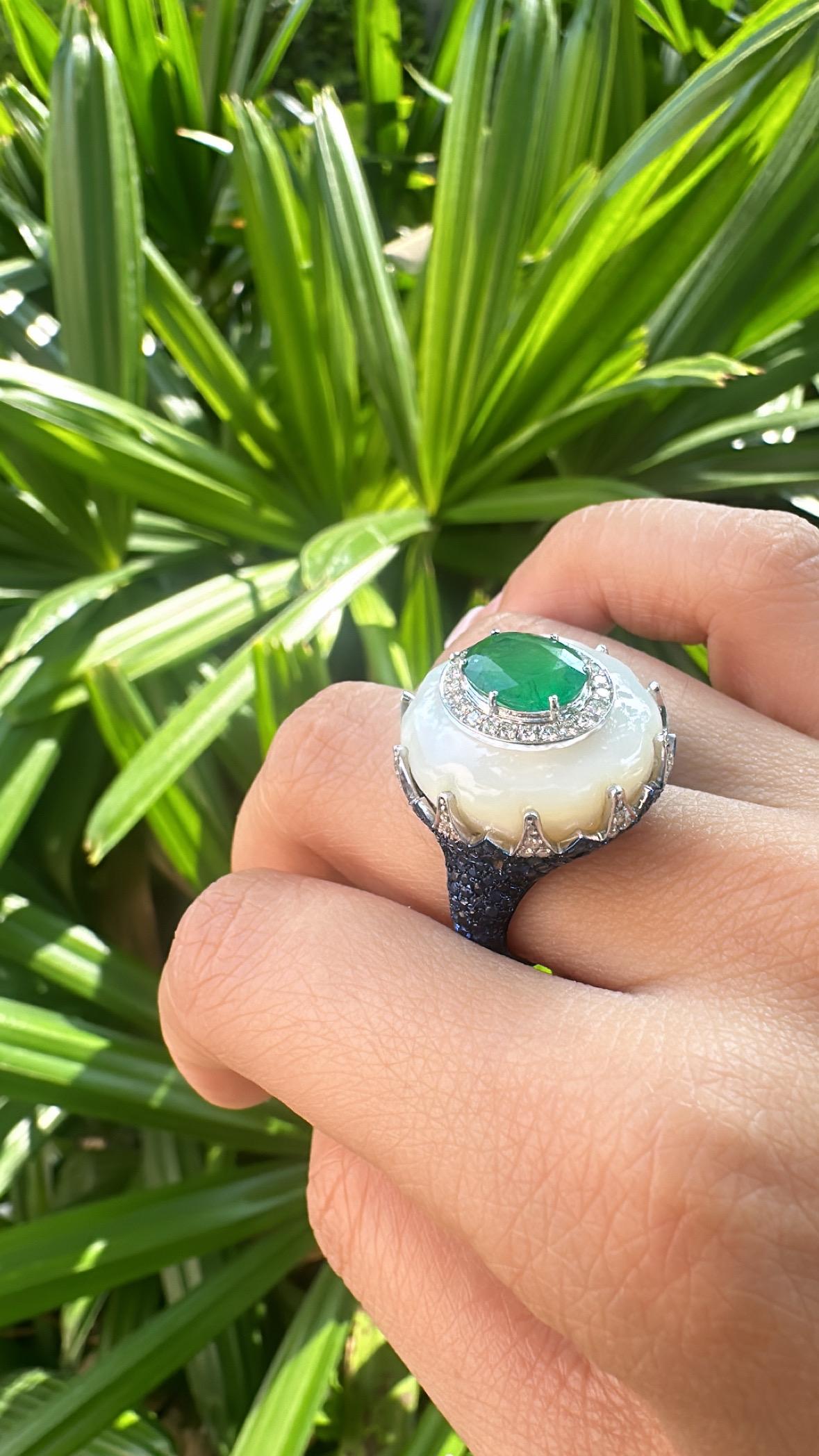 Set in 18K Gold, Emerald, Mother of Pearl, Blue Sapphire & Diamond Cocktail Ring For Sale 5