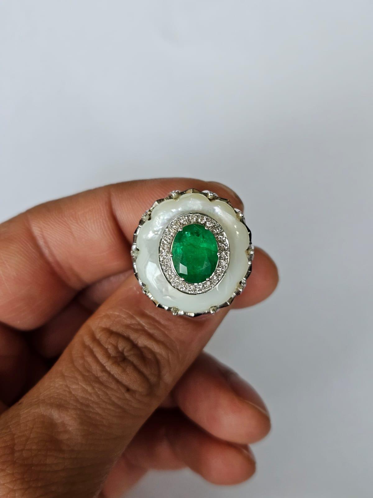 Art Deco Set in 18K Gold, Emerald, Mother of Pearl, Blue Sapphire & Diamond Cocktail Ring For Sale
