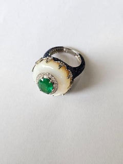 Set in 18K Gold, Emerald, Mother of Pearl, Blue Sapphire & Diamond Cocktail Ring