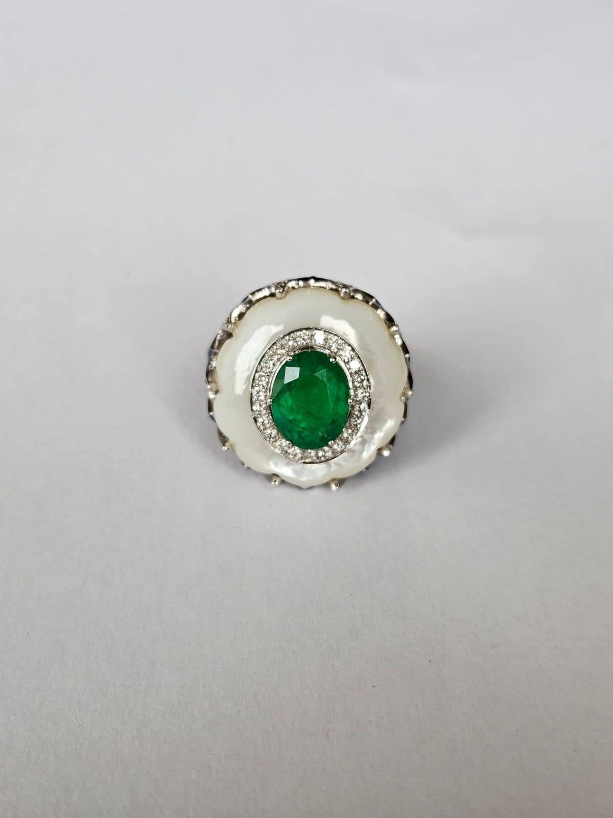Set in 18K Gold, Emerald, Mother of Pearl, Blue Sapphire & Diamond Cocktail Ring For Sale 1