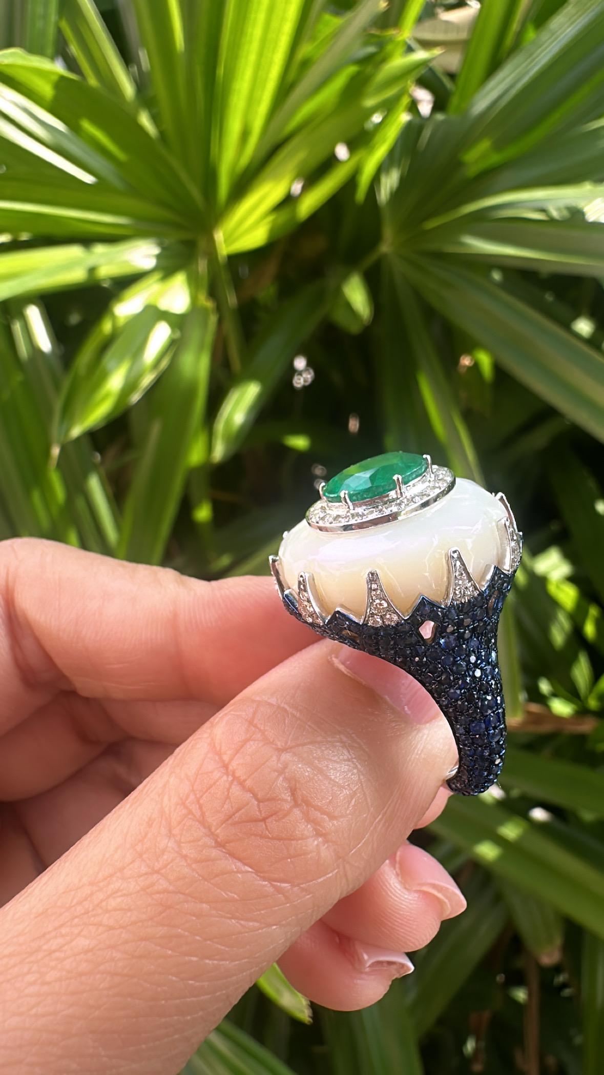 Set in 18K Gold, Emerald, Mother of Pearl, Blue Sapphire & Diamond Cocktail Ring For Sale 2