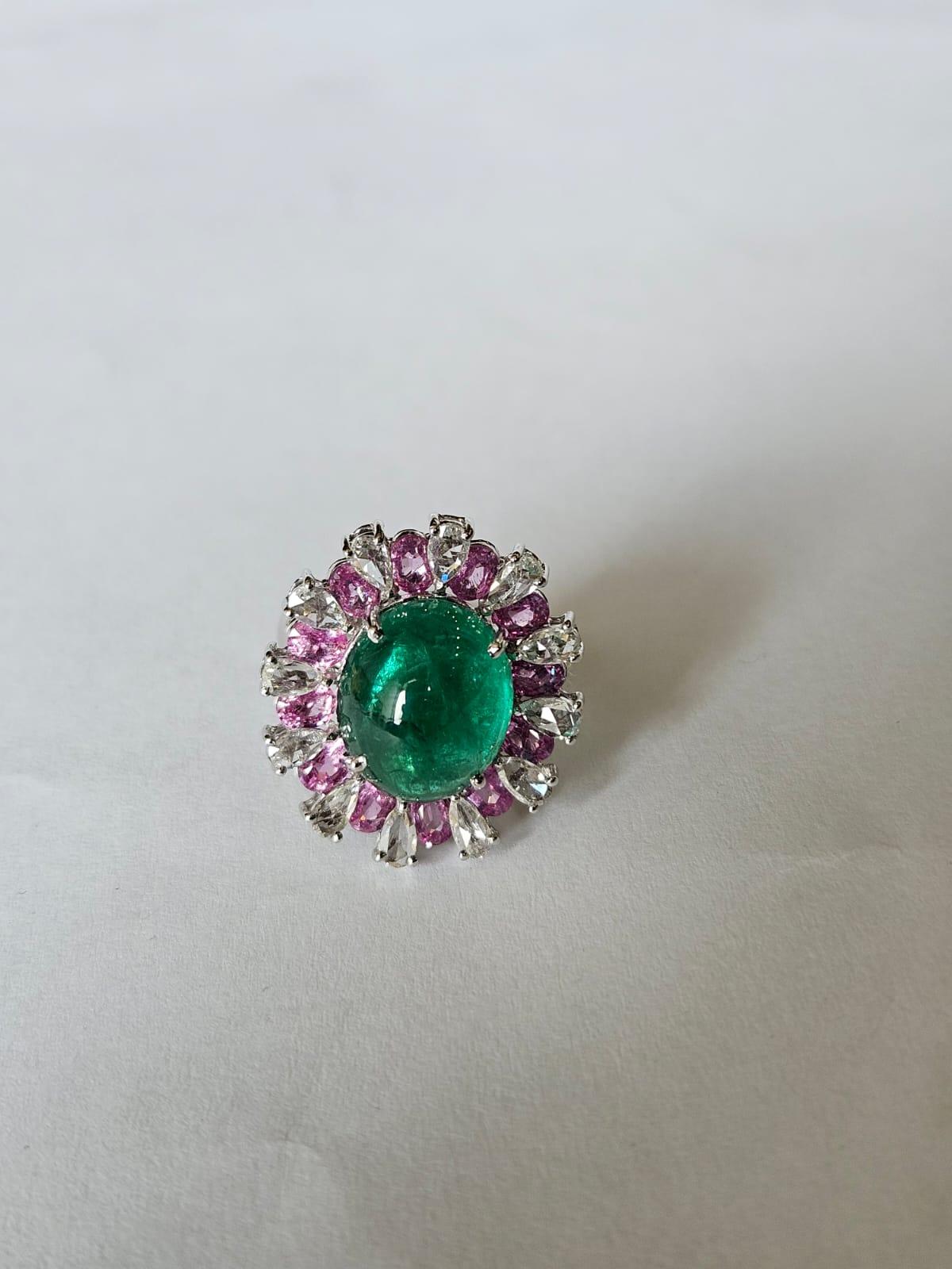 Cocktailring aus 18 Karat Gold, Smaragd, rosa Saphiren und Diamanten im Rosenschliff im Angebot 4