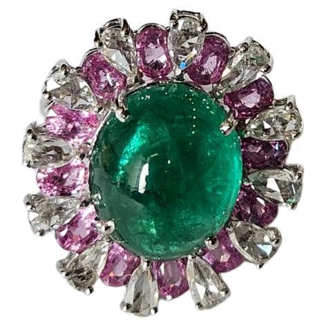Set in 18K Gold, Emerald, Pink Sapphires & Rose Cut Diamonds Cocktail Ring