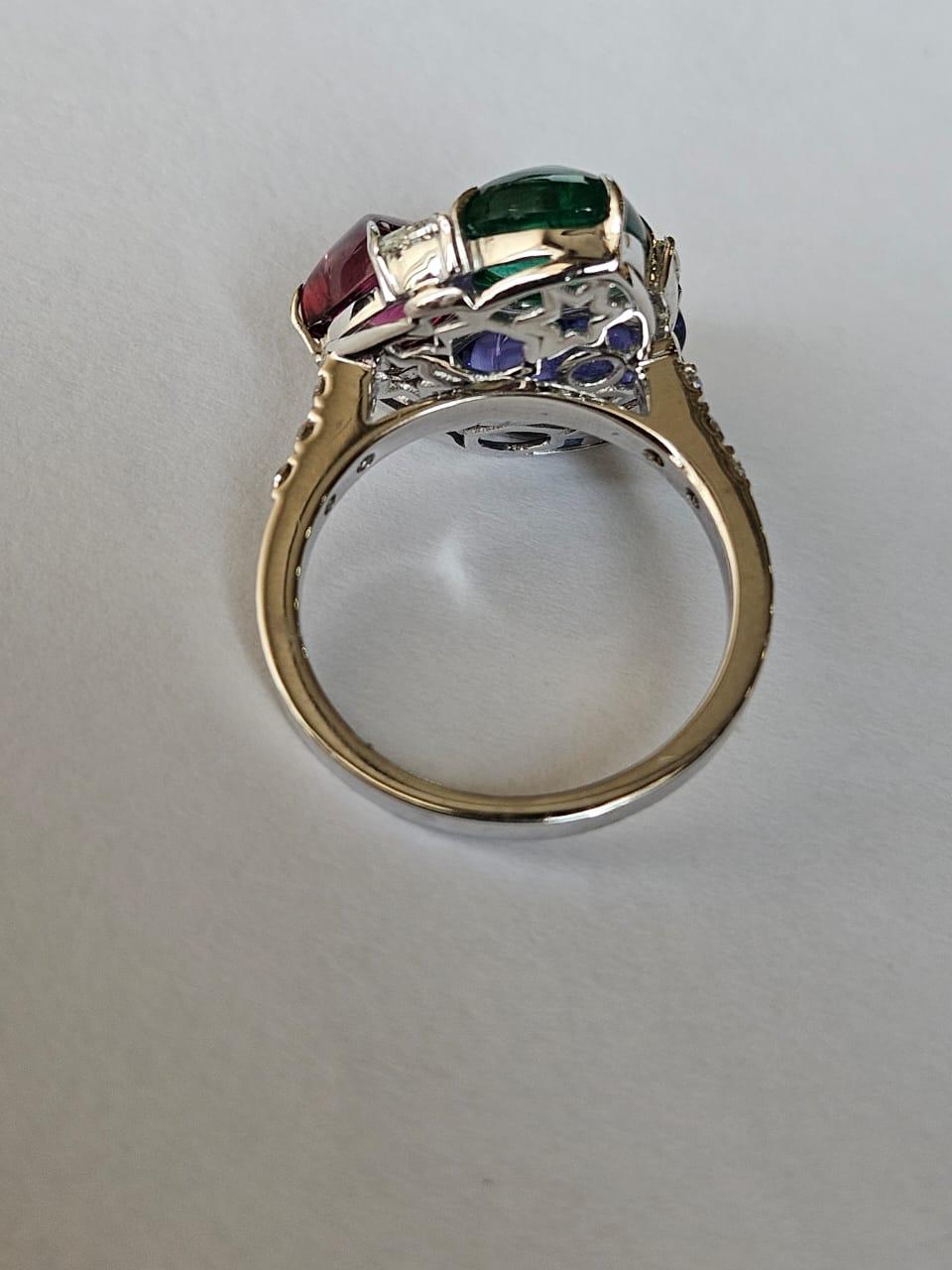 Modern Set in 18K Gold, Emerald, Rubellite, Tanzanite sugarloaf & Diamond Cocktail Ring