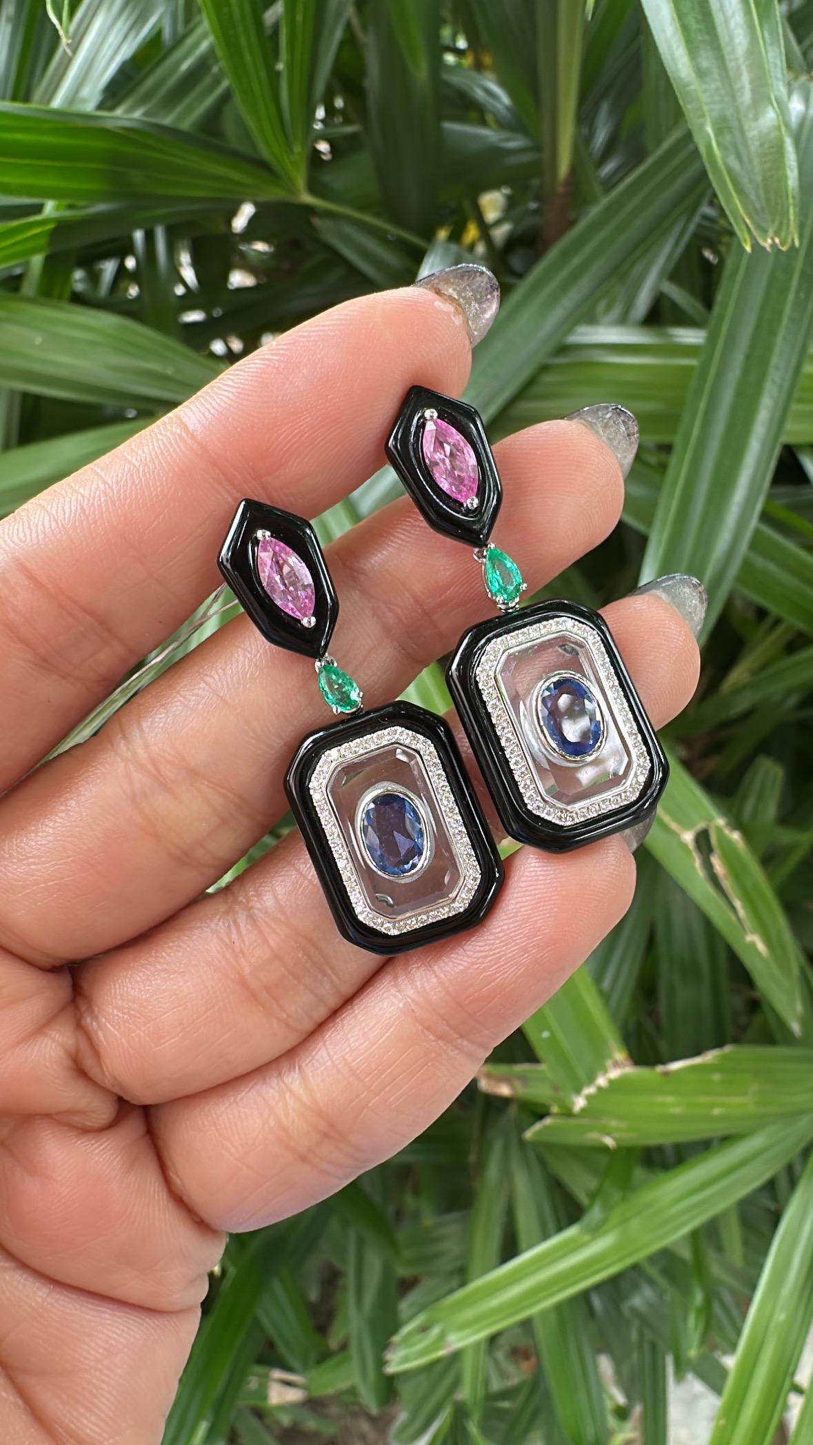 Set in 18K Gold, Emerald, Sapphire, Black Onyx, Crystal & Diamond Dangle Earring For Sale 4