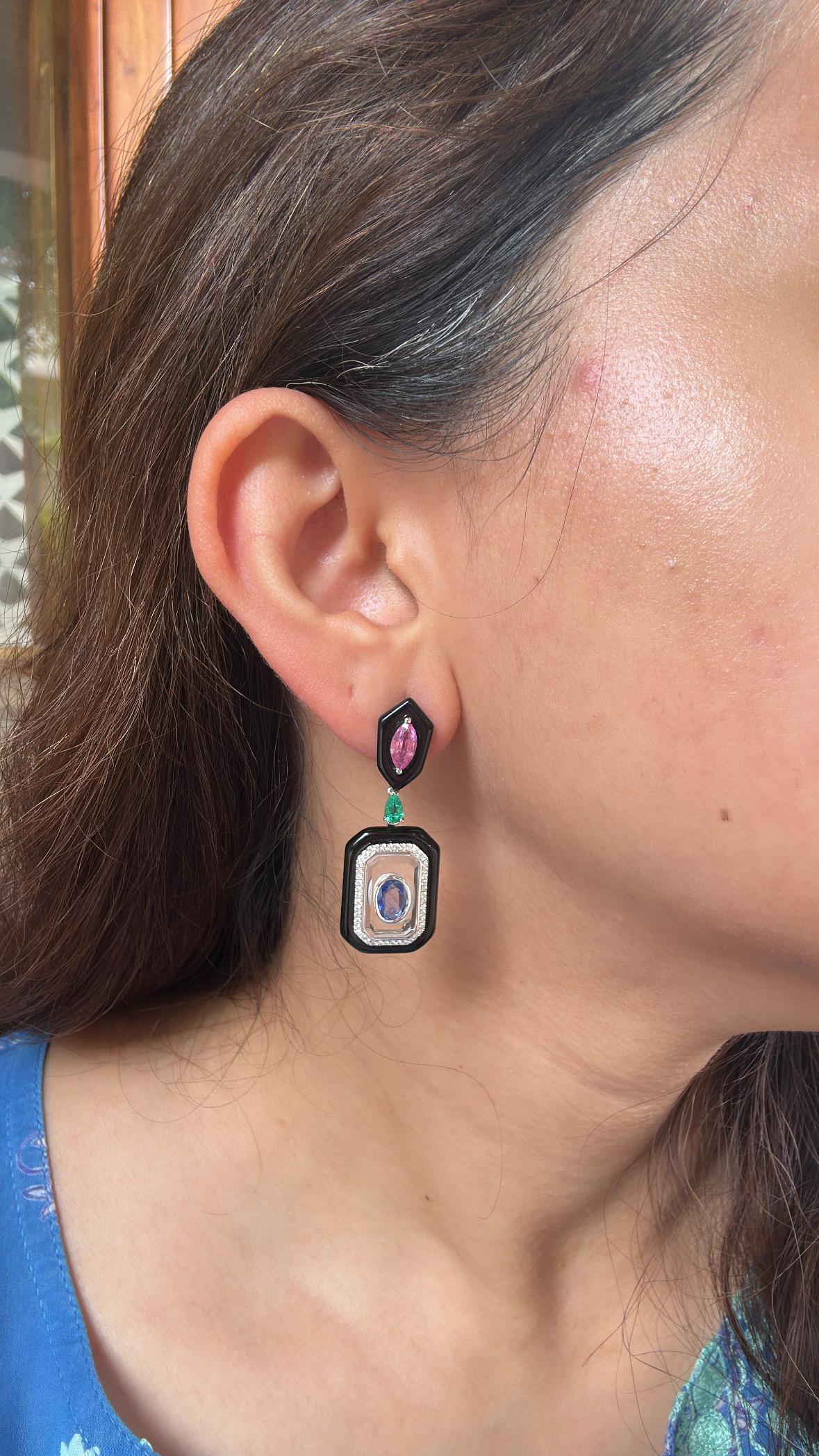 Set in 18K Gold, Emerald, Sapphire, Black Onyx, Crystal & Diamond Dangle Earring For Sale 5