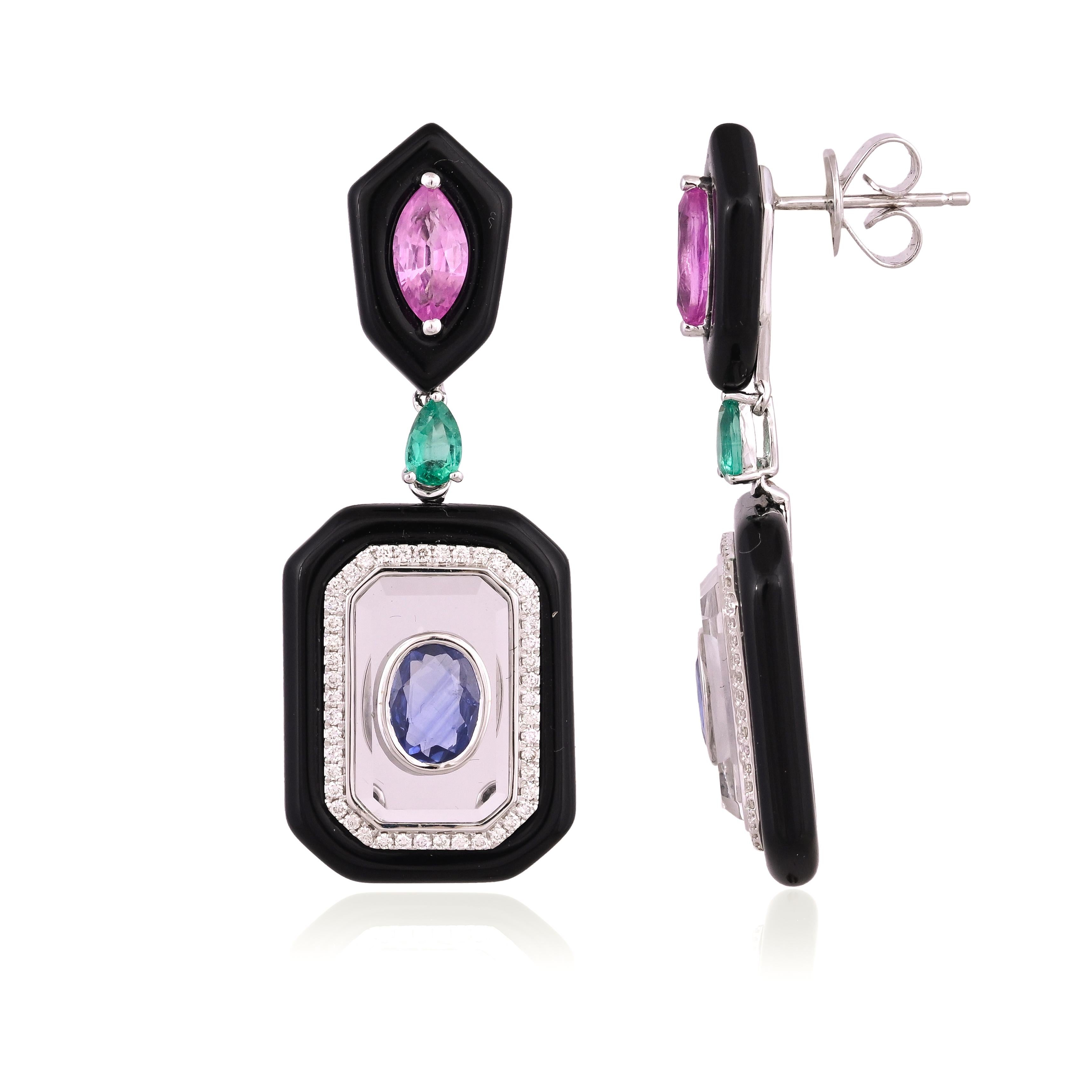 Boucles d'oreilles pendantes en or 18 carats, émeraude, saphir, onyx noir, cristal et diamant en vente 7