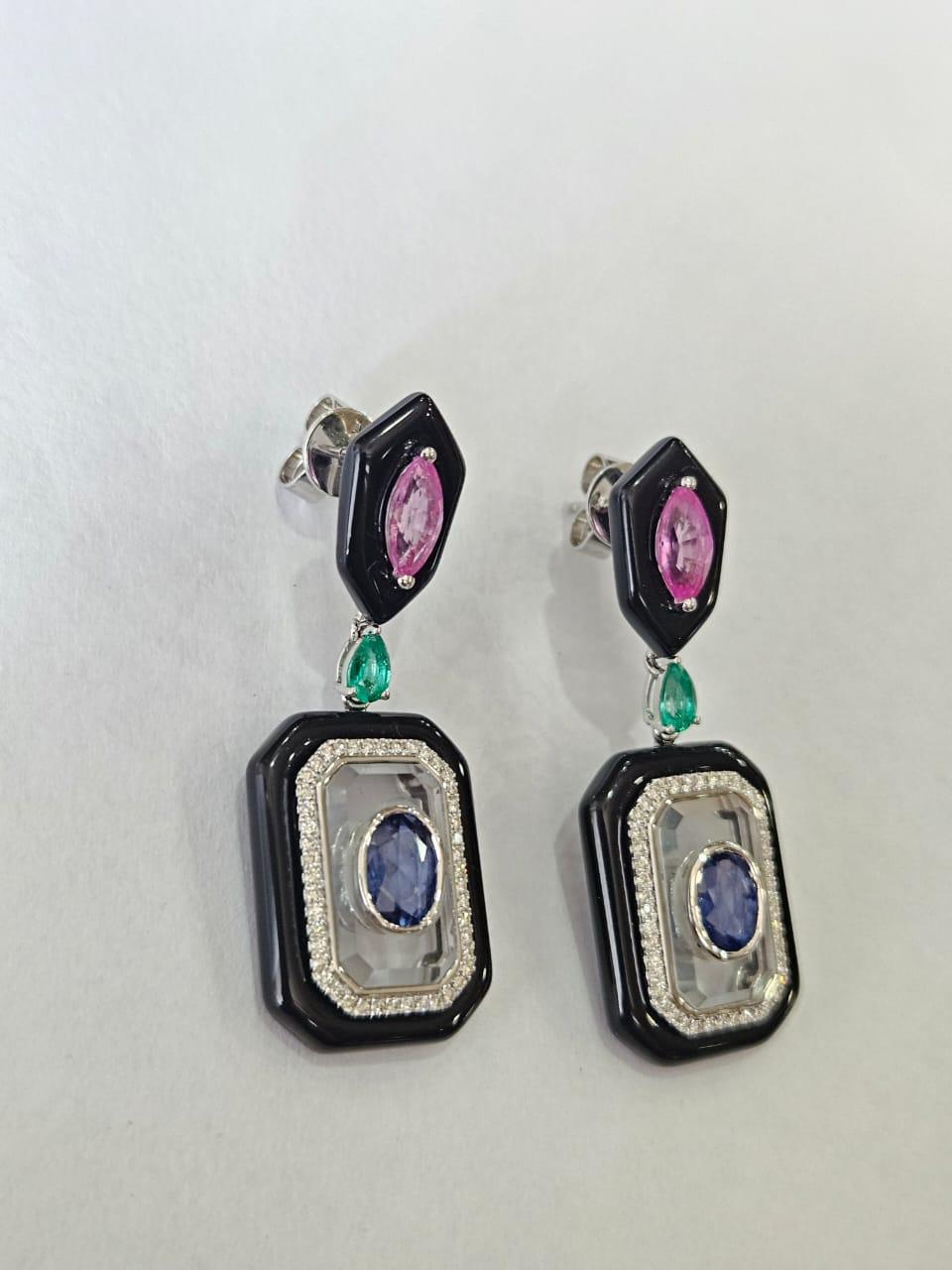 Art Deco Set in 18K Gold, Emerald, Sapphire, Black Onyx, Crystal & Diamond Dangle Earring For Sale