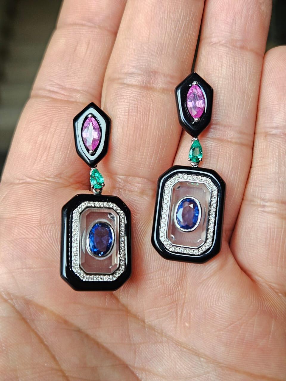 Set in 18K Gold, Emerald, Sapphire, Black Onyx, Crystal & Diamond Dangle Earring In New Condition For Sale In Hong Kong, HK