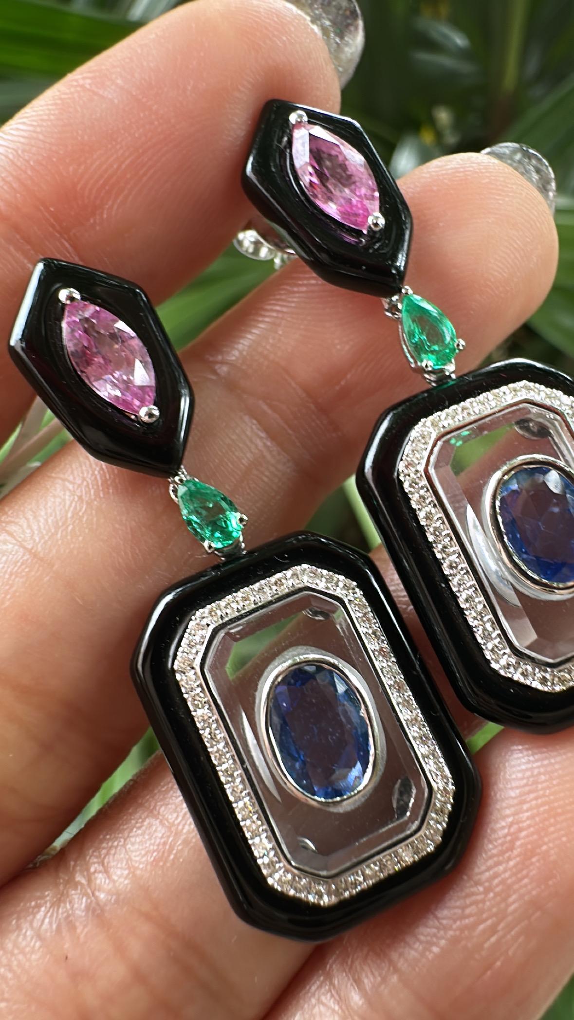 Women's or Men's Set in 18K Gold, Emerald, Sapphire, Black Onyx, Crystal & Diamond Dangle Earring For Sale