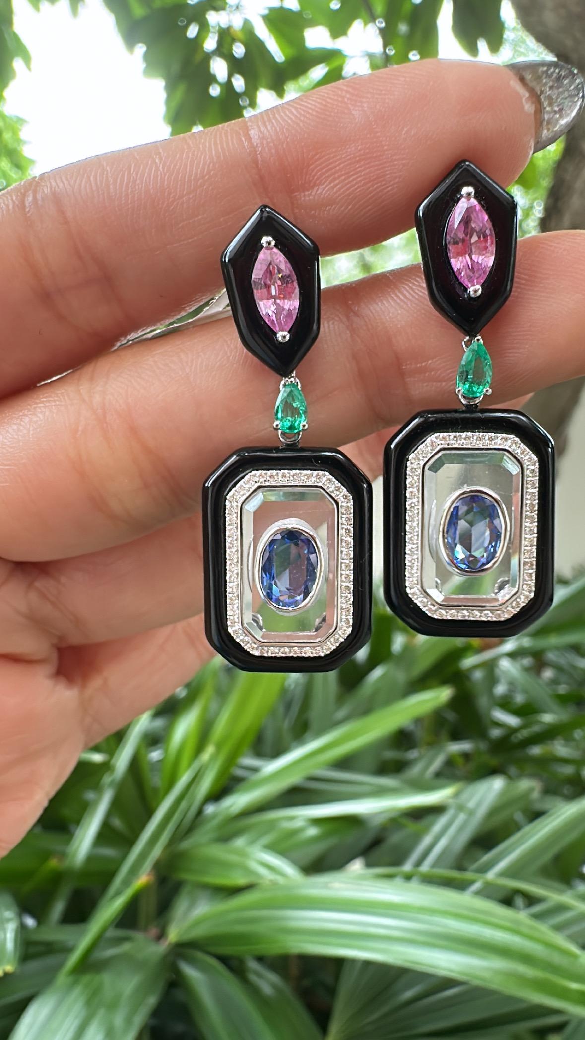 Set in 18K Gold, Emerald, Sapphire, Black Onyx, Crystal & Diamond Dangle Earring For Sale 1