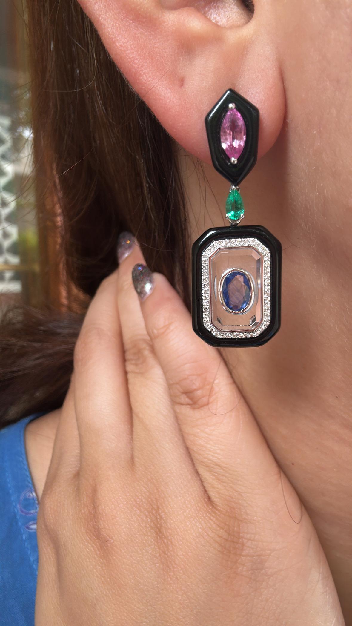 Set in 18K Gold, Emerald, Sapphire, Black Onyx, Crystal & Diamond Dangle Earring For Sale 2