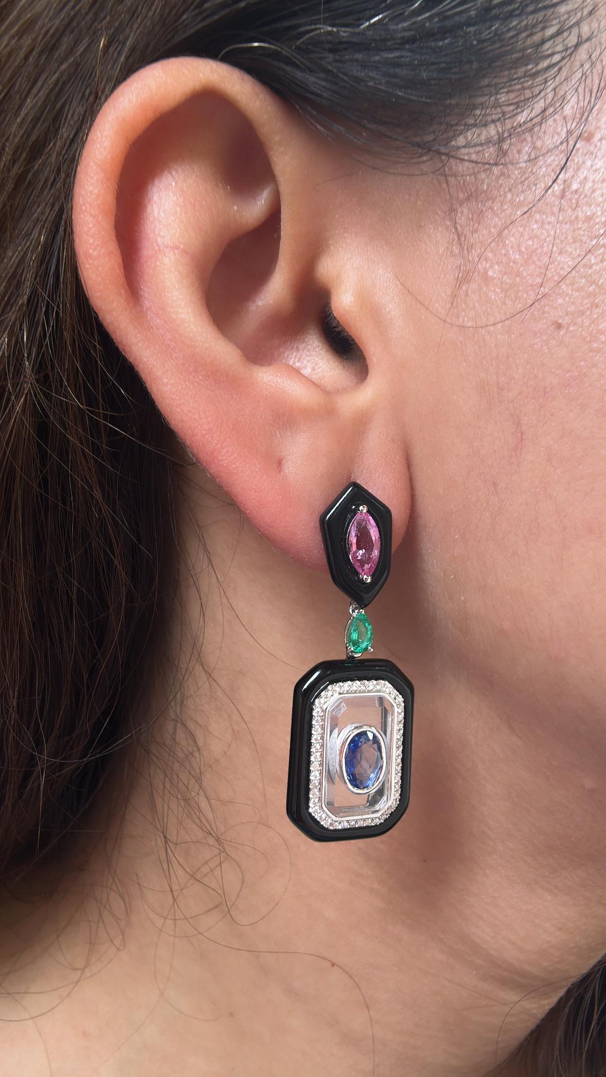 Set in 18K Gold, Emerald, Sapphire, Black Onyx, Crystal & Diamond Dangle Earring For Sale 3