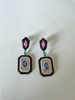 Boucles d'oreilles pendantes en or 18 carats, émeraude, saphir, onyx noir, cristal et diamant