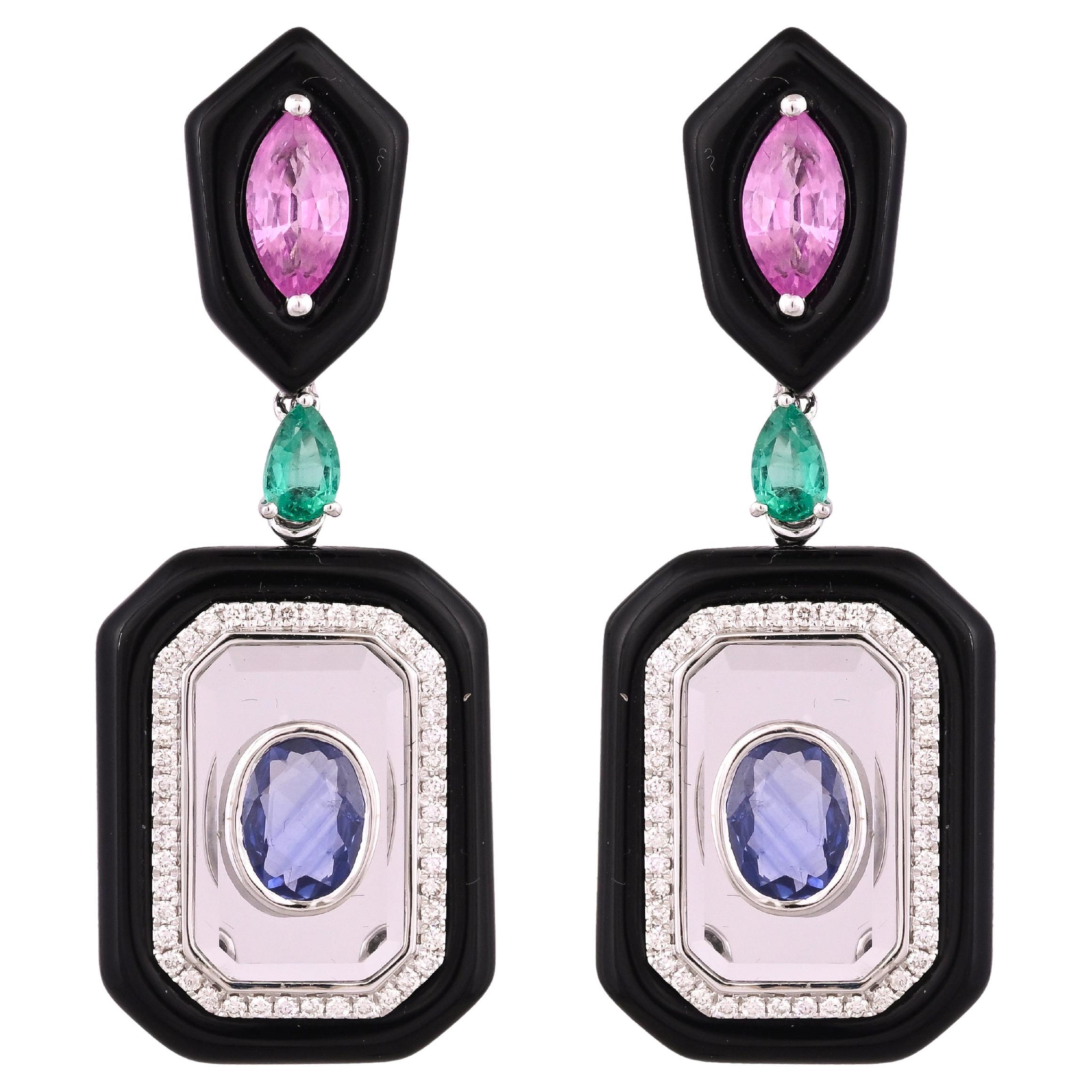 Boucles d'oreilles pendantes en or 18 carats, émeraude, saphir, onyx noir, cristal et diamant