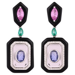 Pendiente colgante de oro de 18 quilates, esmeralda, zafiro, ónice negro, cristal y diamante