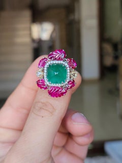 Set in 18K Gold, Emerald Sugarloaf, carved Ruby & Rose Cut Diamond Cocktail Ring