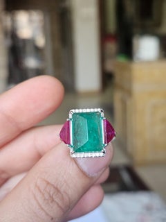 Set in 18K Gold, Emerald Sugarloaf, Mozambique Ruby & Diamonds Engagement Ring