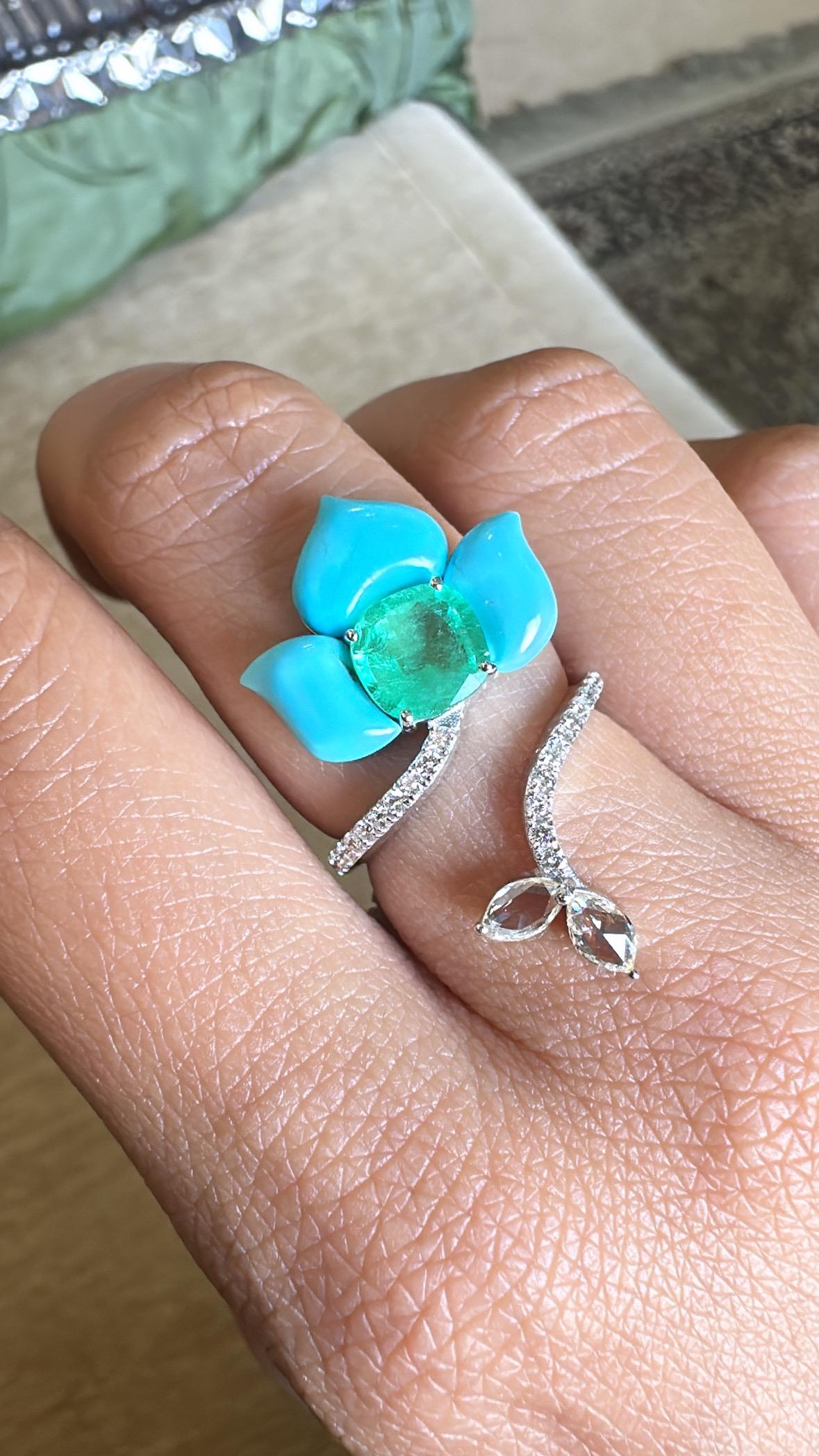 Cocktailring aus 18 Karat Gold, Smaragd, Türkis und Diamanten im Rosenschliff im Angebot 4