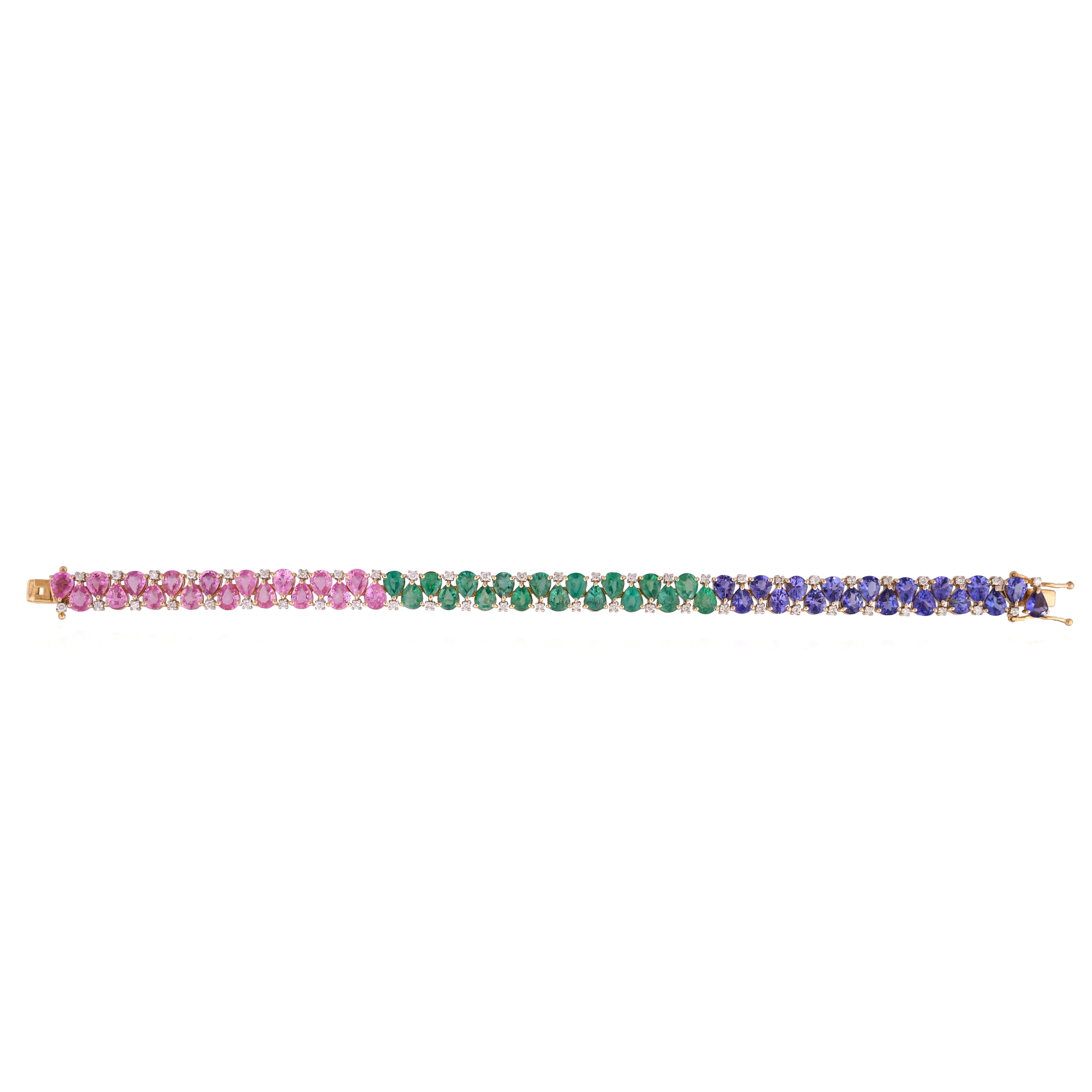 Bracelet moderne en or 18 carats, émeraudes, saphirs roses, tanzanites et diamants en vente 5