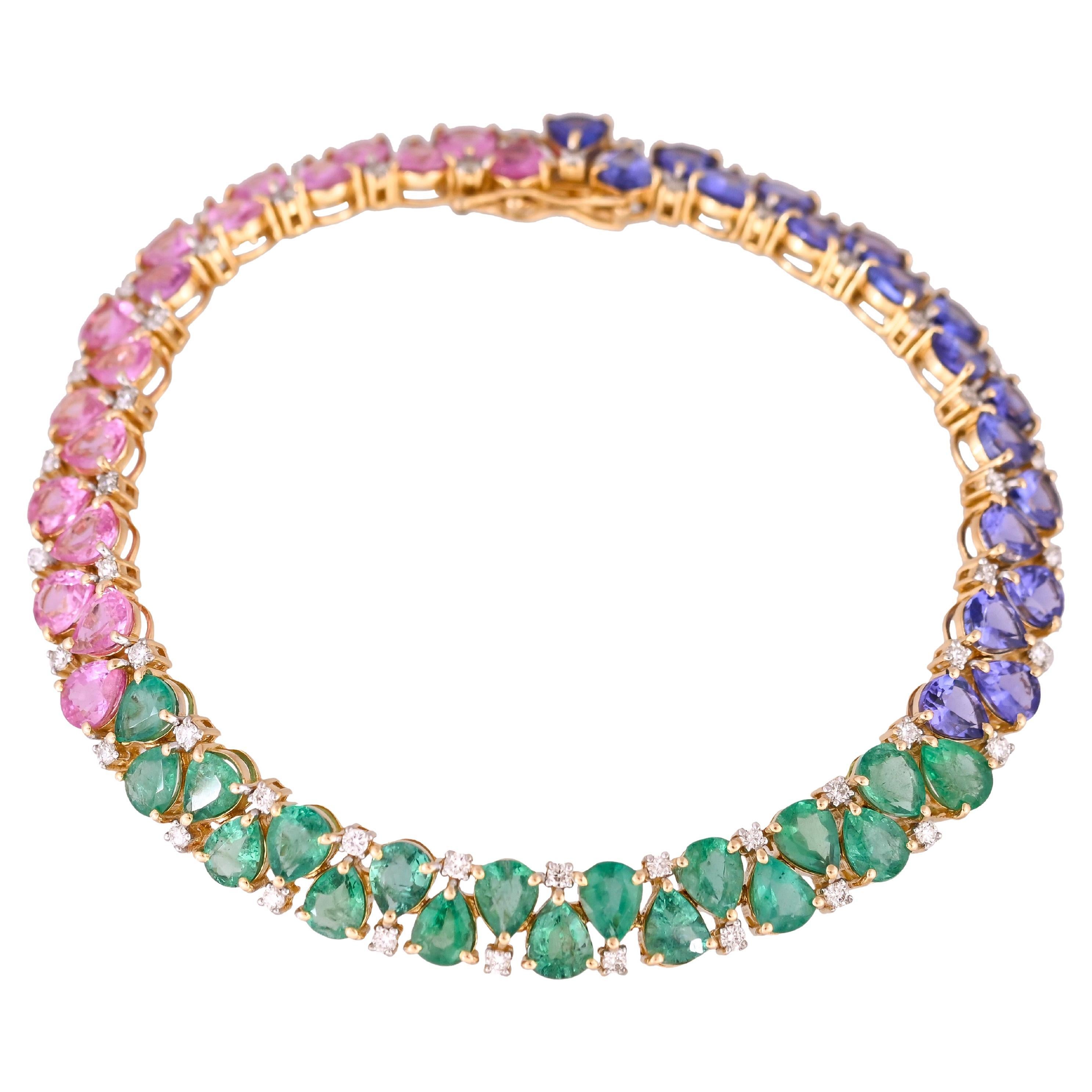 Pulsera moderna engastada en oro de 18 quilates, esmeraldas, zafiros rosas, tanzanitas y diamantes