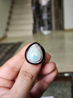 Set in 18K Gold, Ethiopian Opal, Black Onyx & Diamonds Art Deco Dome  Ring