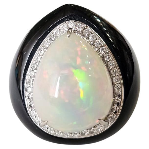 Set in 18K Gold, Äthiopischer Opal, Schwarzer Onyx & Diamanten Art Deco Kuppel  Ring im Angebot