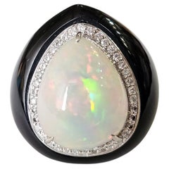 Set in 18K Gold, Ethiopian Opal, Black Onyx & Diamonds Art Deco Dome  Ring