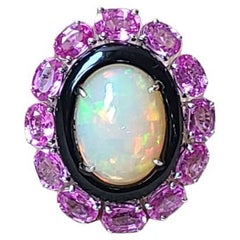 Set in 18K Gold, Ethiopian Opal, Black Onyx & Pink Sapphires Cocktail Ring