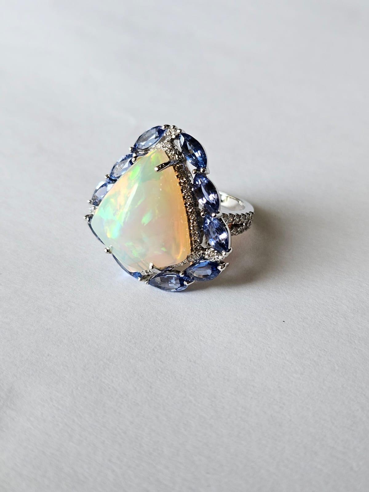 Set in 18K Gold, Ethiopian Opal, Blue Sapphires & Diamonds Cocktail Dome Ring For Sale 4