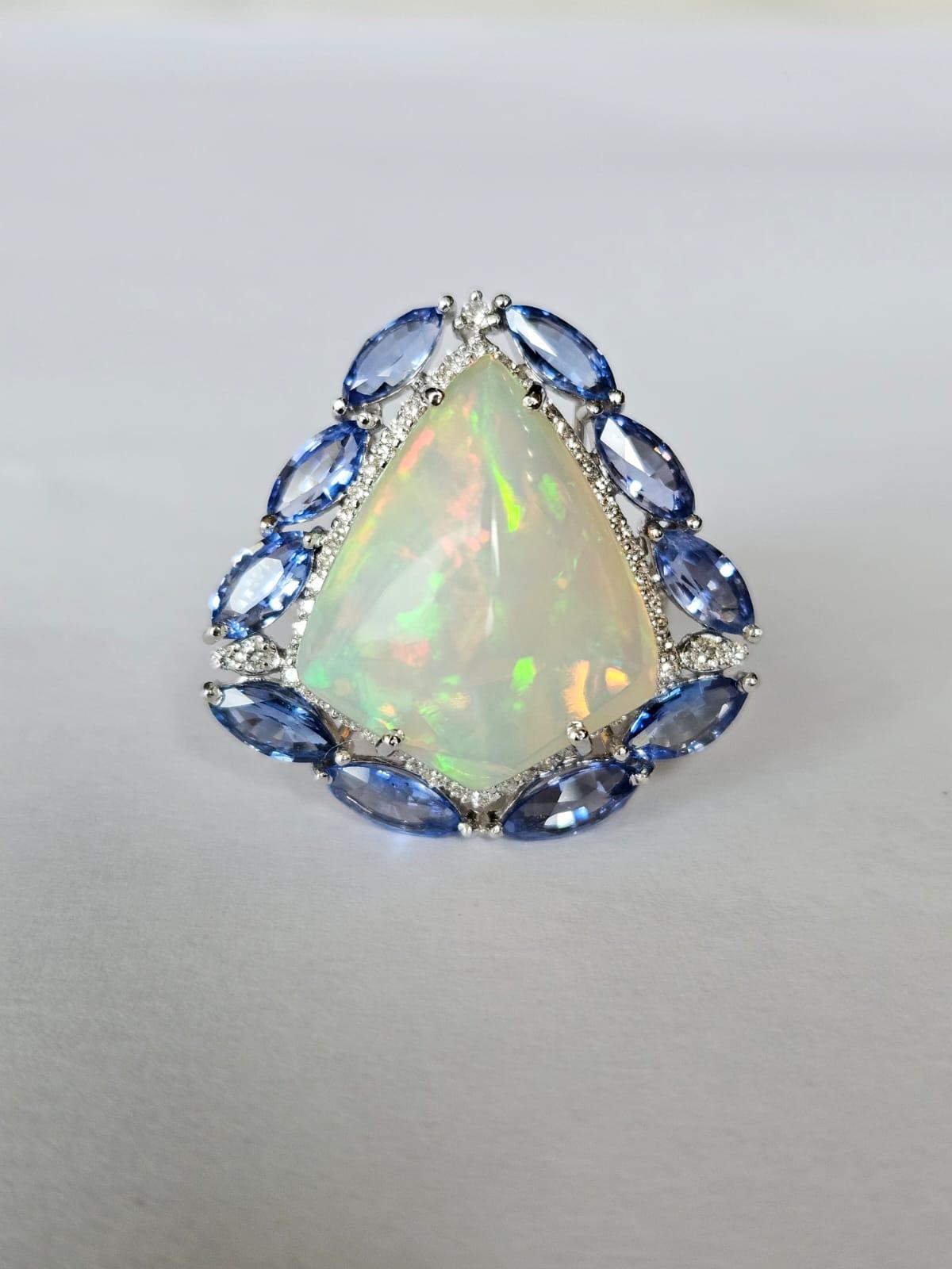 Set in 18K Gold, Ethiopian Opal, Blue Sapphires & Diamonds Cocktail Dome Ring For Sale 5