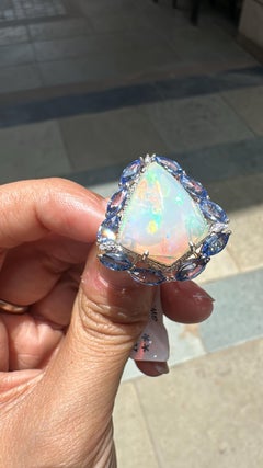 Set in 18K Gold, Ethiopian Opal, Blue Sapphires & Diamonds Cocktail Dome Ring