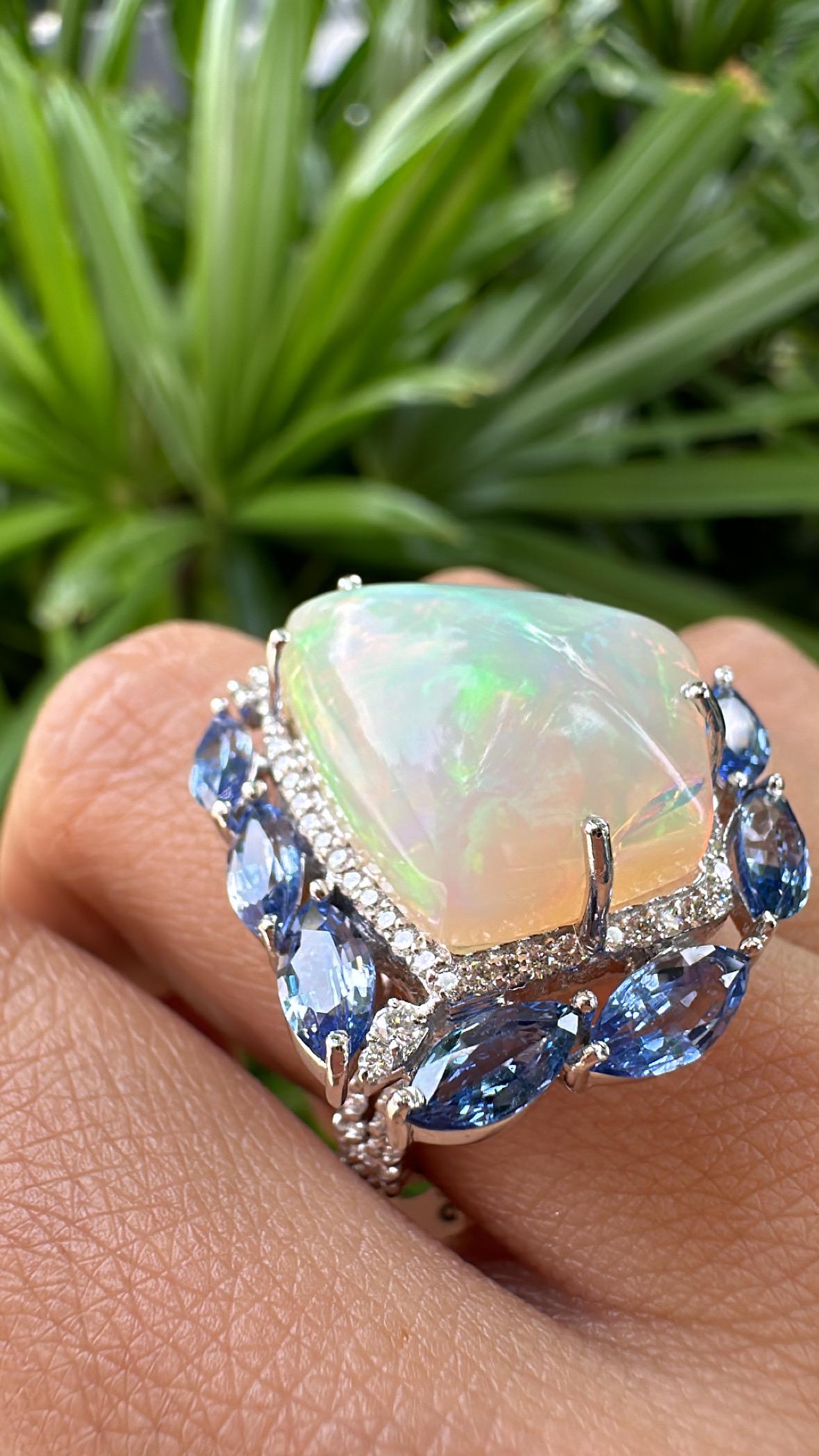 Shield Cut Set in 18K Gold, Ethiopian Opal, Blue Sapphires & Diamonds Cocktail Dome Ring For Sale