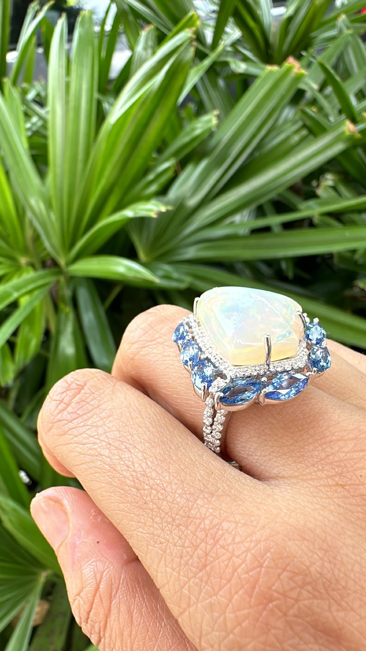 Women's or Men's Set in 18K Gold, Ethiopian Opal, Blue Sapphires & Diamonds Cocktail Dome Ring For Sale