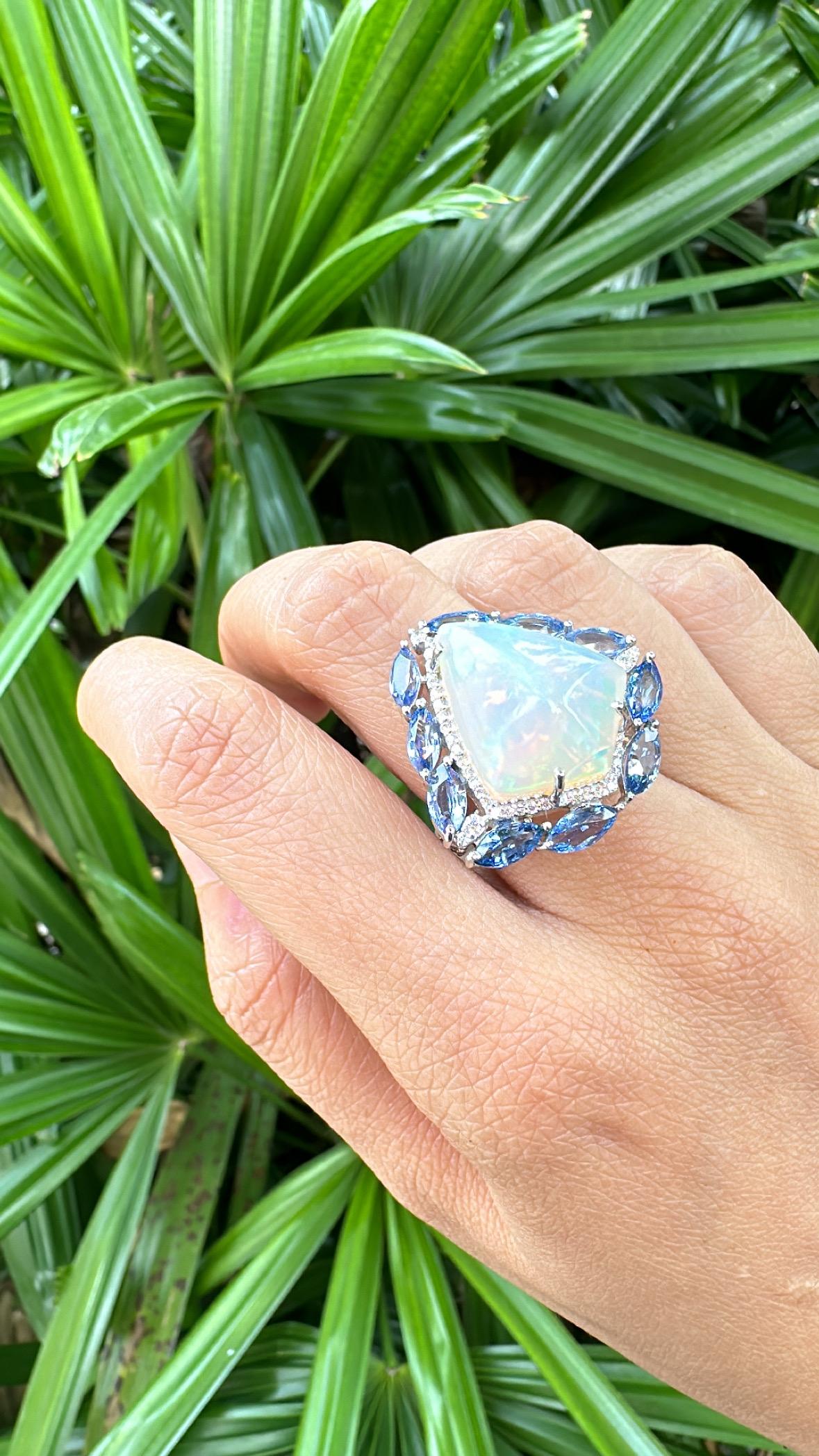 Set in 18K Gold, Ethiopian Opal, Blue Sapphires & Diamonds Cocktail Dome Ring For Sale 1